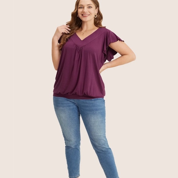 BloomChic Plain Gathered V Neck Ruffle Sleeve T-shirt us14-16 - Picture 8 of 9